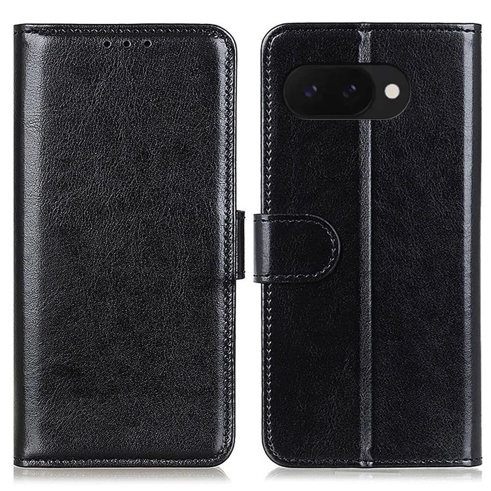 For Google Pixel 9a Case Crazy Horse Texture PU Leather Phone Stand Cover - Black - 1