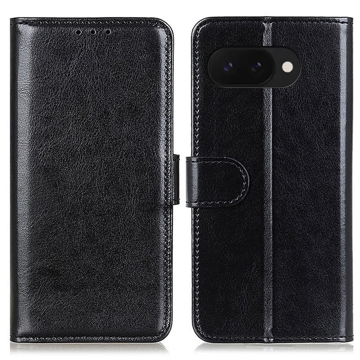 For Google Pixel 9a Case Crazy Horse Texture PU Leather Phone Stand Cover - Black - 1