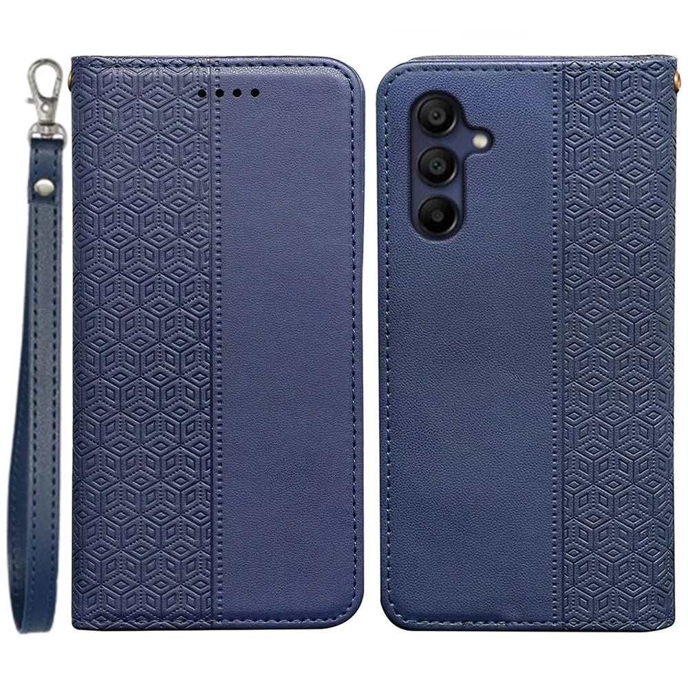 For Samsung Galaxy A36 5G / A56 5G Wallet Phone Case Checkered Pattern Imprint Leather Flip Cover with Wrist Strap - Blue - 1
