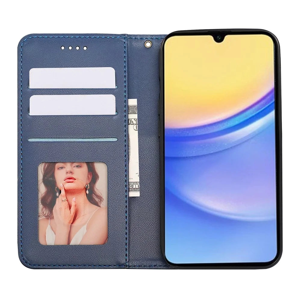 For Samsung Galaxy A36 5G / A56 5G Wallet Phone Case Checkered Pattern Imprint Leather Flip Cover with Wrist Strap - Blue - 2