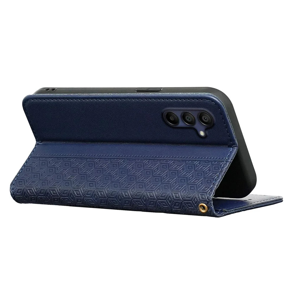 For Samsung Galaxy A36 5G / A56 5G Wallet Phone Case Checkered Pattern Imprint Leather Flip Cover with Wrist Strap - Blue - 4