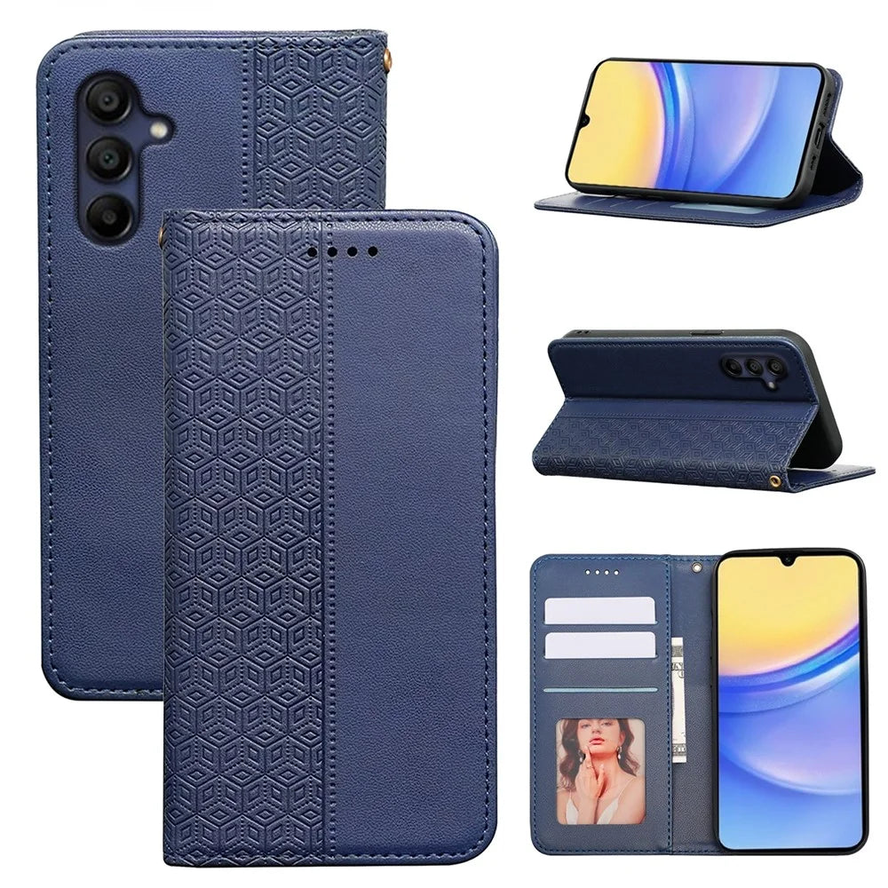 For Samsung Galaxy A36 5G / A56 5G Wallet Phone Case Checkered Pattern Imprint Leather Flip Cover with Wrist Strap - Blue - 5
