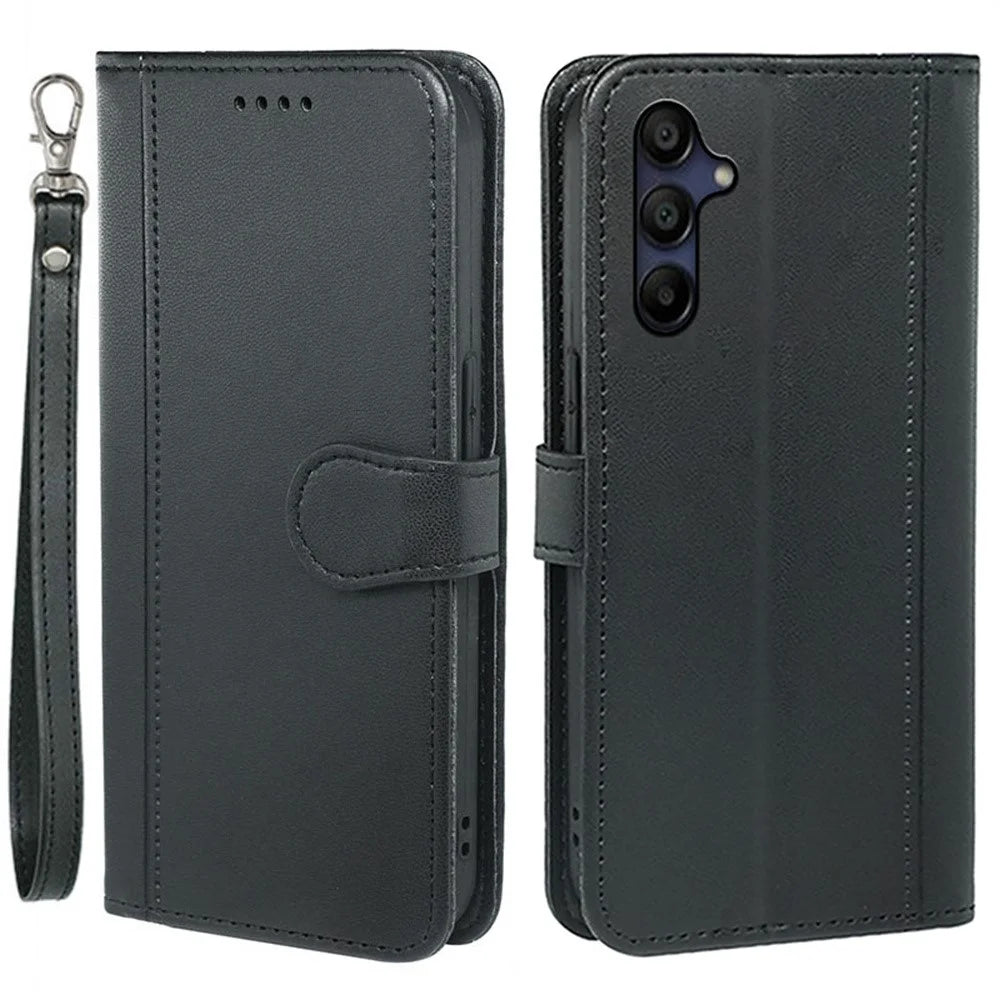 For Samsung Galaxy A36 5G / A56 5G Wallet Case Magnetic Snap Leather Phone Cover with Strap - Black - 1