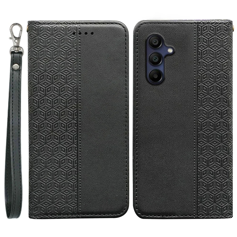 For Samsung Galaxy A36 5G / A56 5G Wallet Phone Case Checkered Pattern Imprint Leather Flip Cover with Wrist Strap - Black - 1