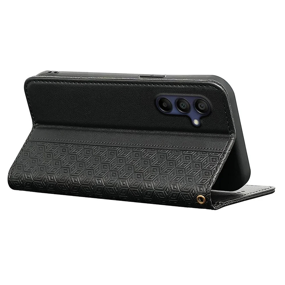For Samsung Galaxy A36 5G / A56 5G Wallet Phone Case Checkered Pattern Imprint Leather Flip Cover with Wrist Strap - Black - 4