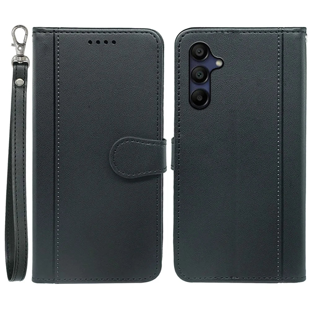 For Samsung Galaxy A36 5G / A56 5G Wallet Case Magnetic Snap Leather Phone Cover with Strap - Black - 1
