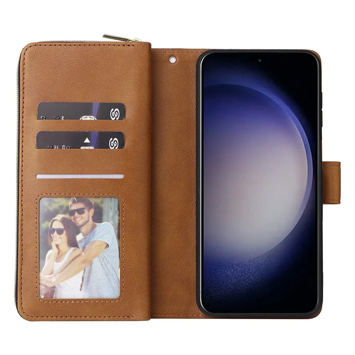 For Samsung Galaxy S25 / S24 Case Zipper Pocket PU Leather Phone Cover with Hand Strap - Brown - 2
