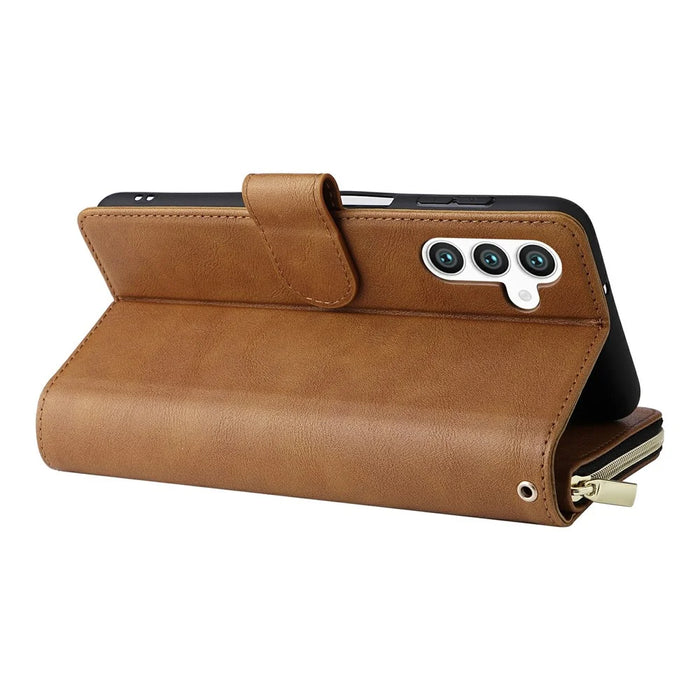 For Samsung Galaxy S25 / S24 Case Zipper Pocket PU Leather Phone Cover with Hand Strap - Brown - 5