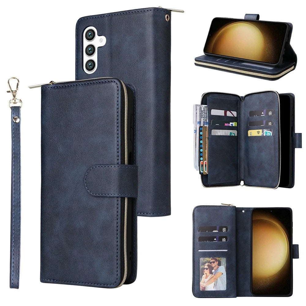For Samsung Galaxy S25+ / S24+ Case Zipper Pocket PU Leather Phone Cover with Hand Strap - Blue - 1