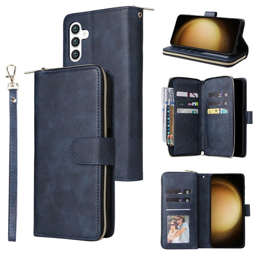 For Samsung Galaxy S25+ / S24+ Case Zipper Pocket PU Leather Phone Cover with Hand Strap - Blue - 1