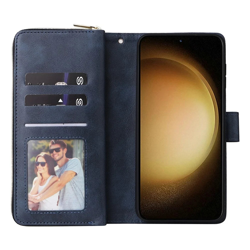 For Samsung Galaxy S25+ / S24+ Case Zipper Pocket PU Leather Phone Cover with Hand Strap - Blue - 2