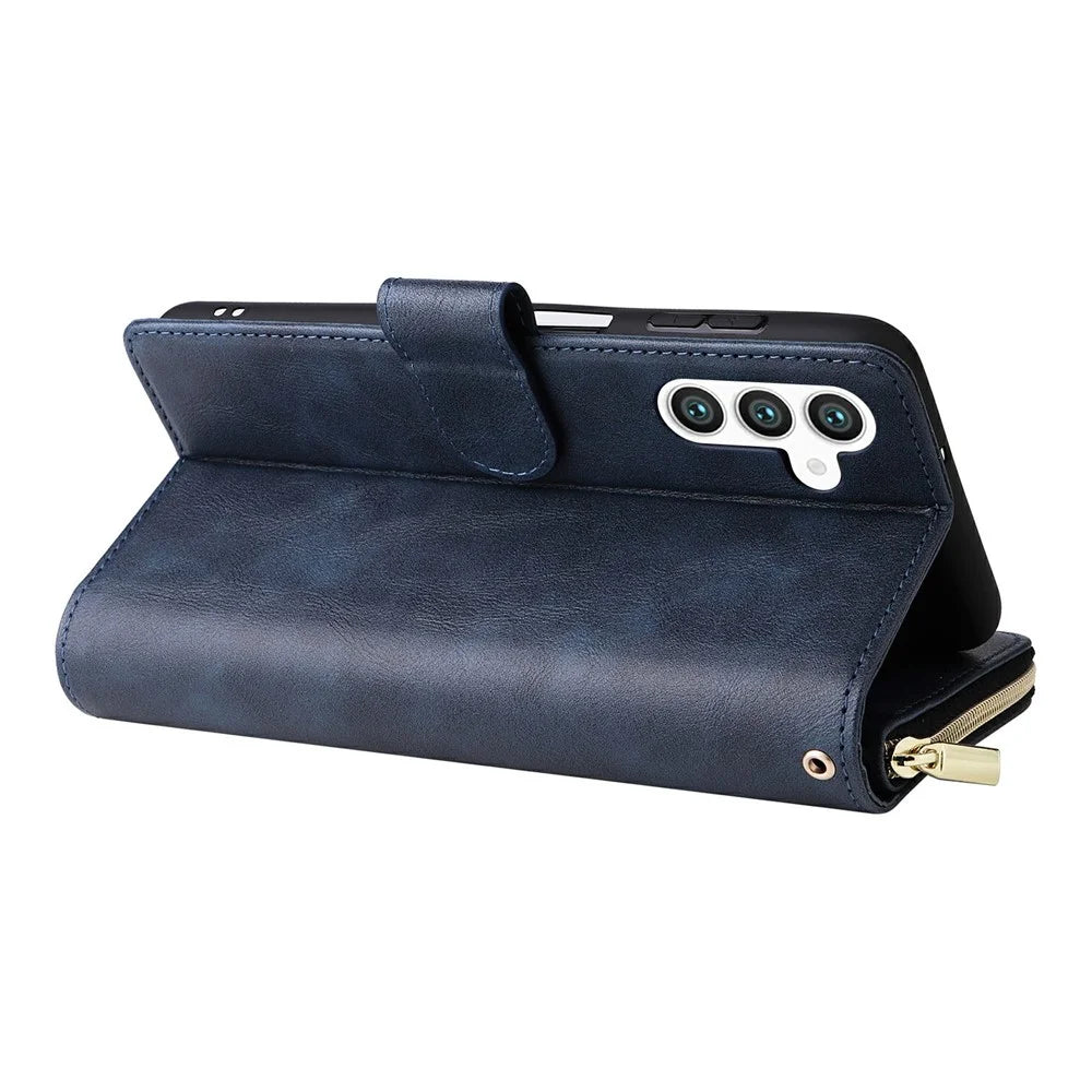 For Samsung Galaxy S25+ / S24+ Case Zipper Pocket PU Leather Phone Cover with Hand Strap - Blue - 5