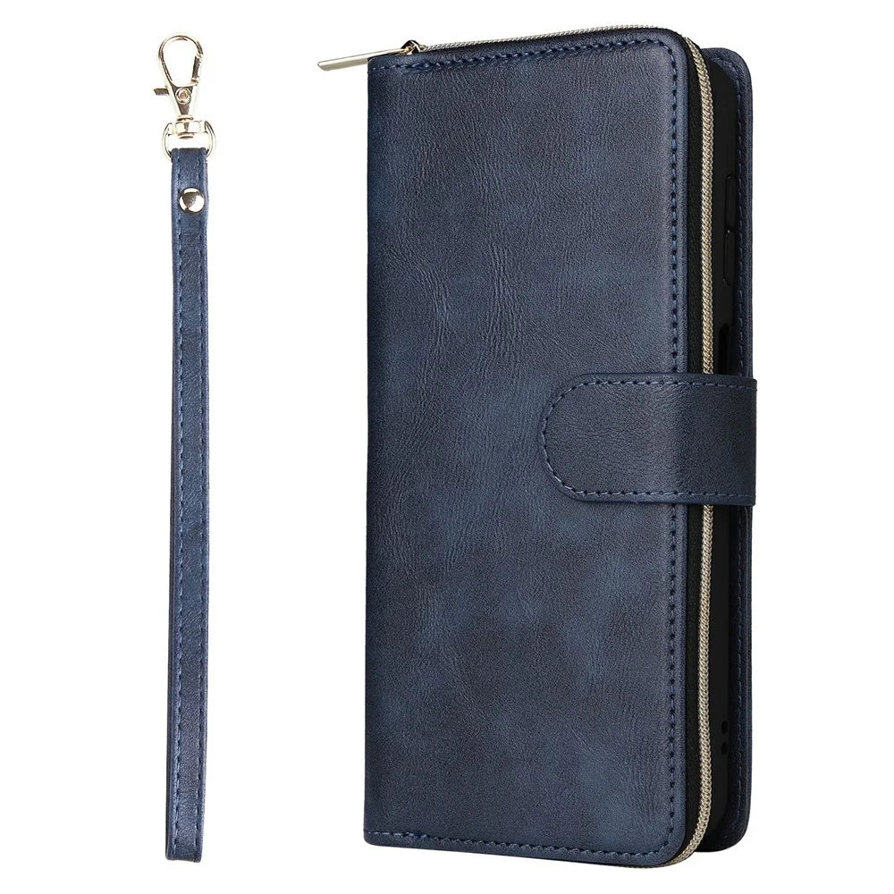 For Samsung Galaxy S25+ / S24+ Case Zipper Pocket PU Leather Phone Cover with Hand Strap - Blue - 6