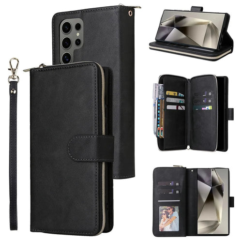 For Samsung Galaxy S25 Ultra Case Zipper Pocket PU Leather Phone Cover with Hand Strap - Black - 1