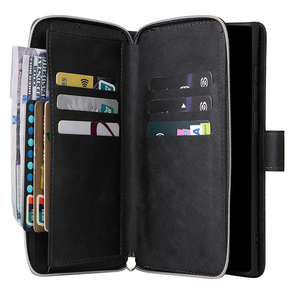 For Samsung Galaxy S25 Ultra Case Zipper Pocket PU Leather Phone Cover with Hand Strap - Black - 3