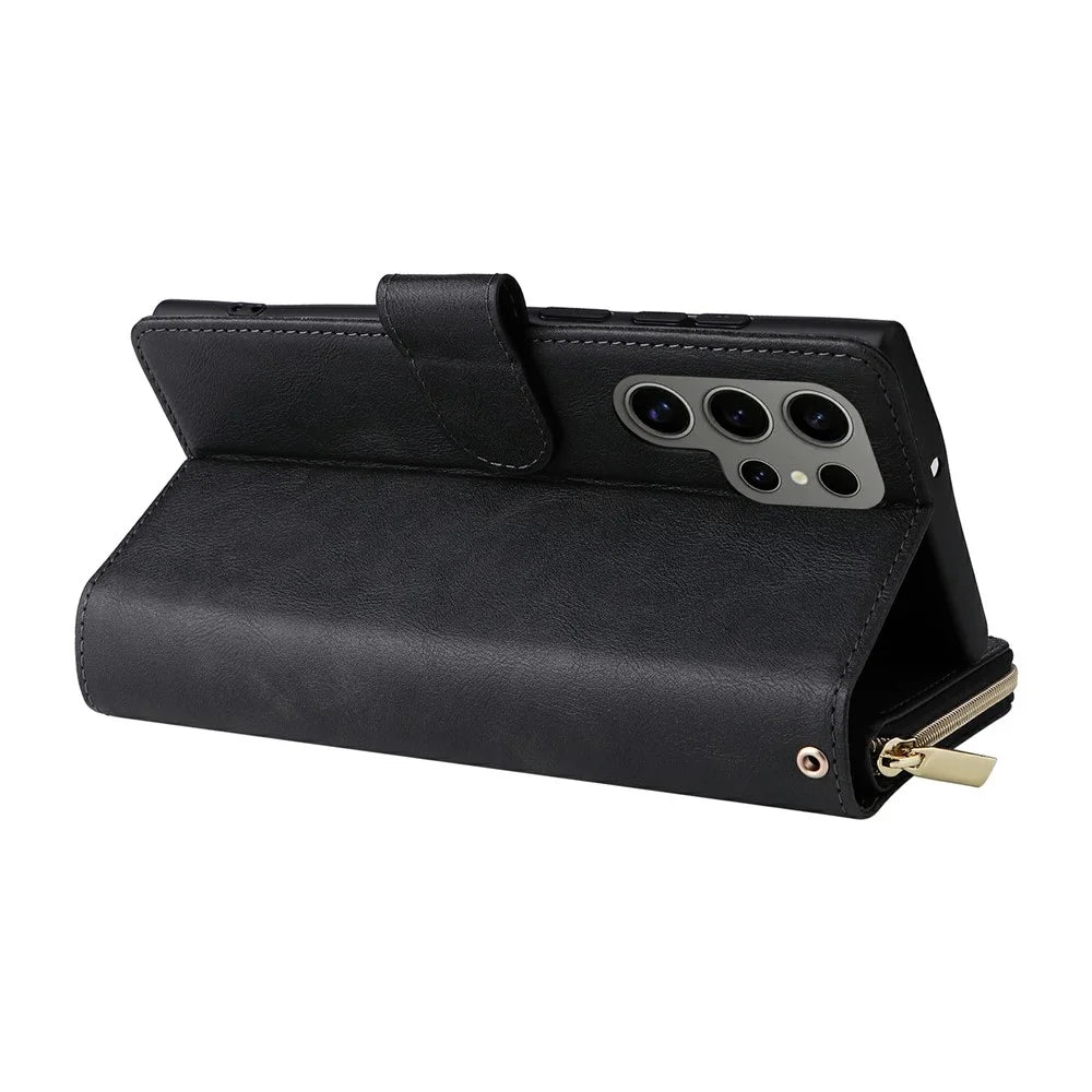 For Samsung Galaxy S25 Ultra Case Zipper Pocket PU Leather Phone Cover with Hand Strap - Black - 5