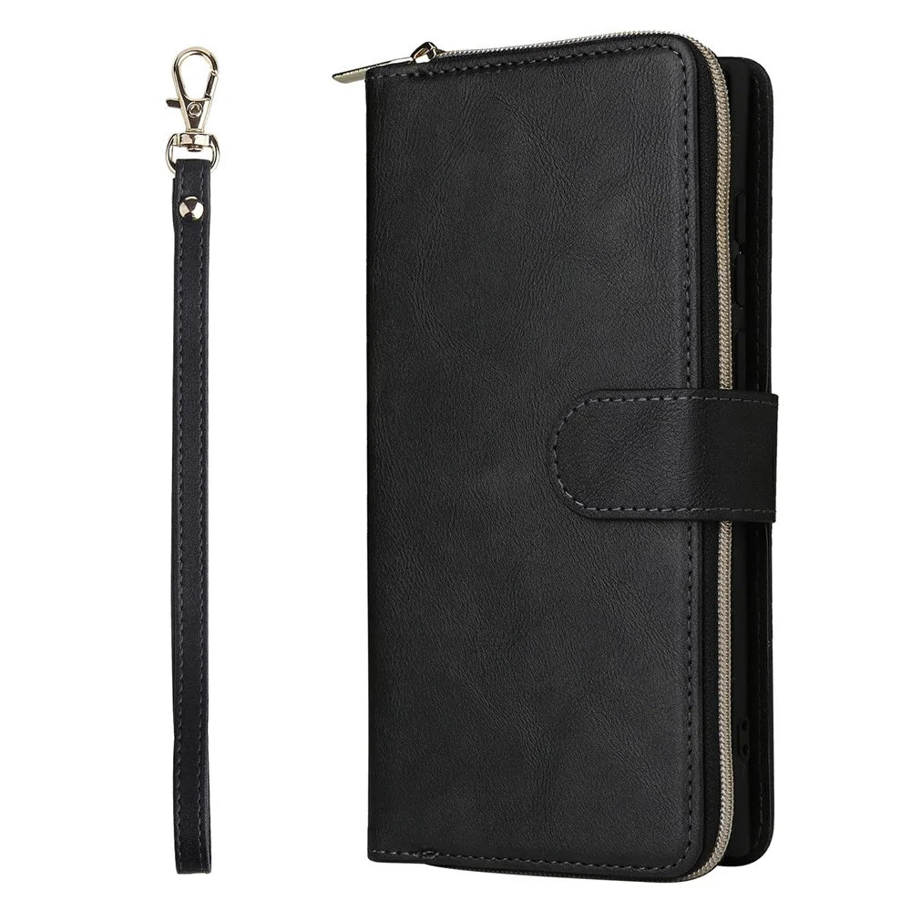 For Samsung Galaxy S25 Ultra Case Zipper Pocket PU Leather Phone Cover with Hand Strap - Black - 6
