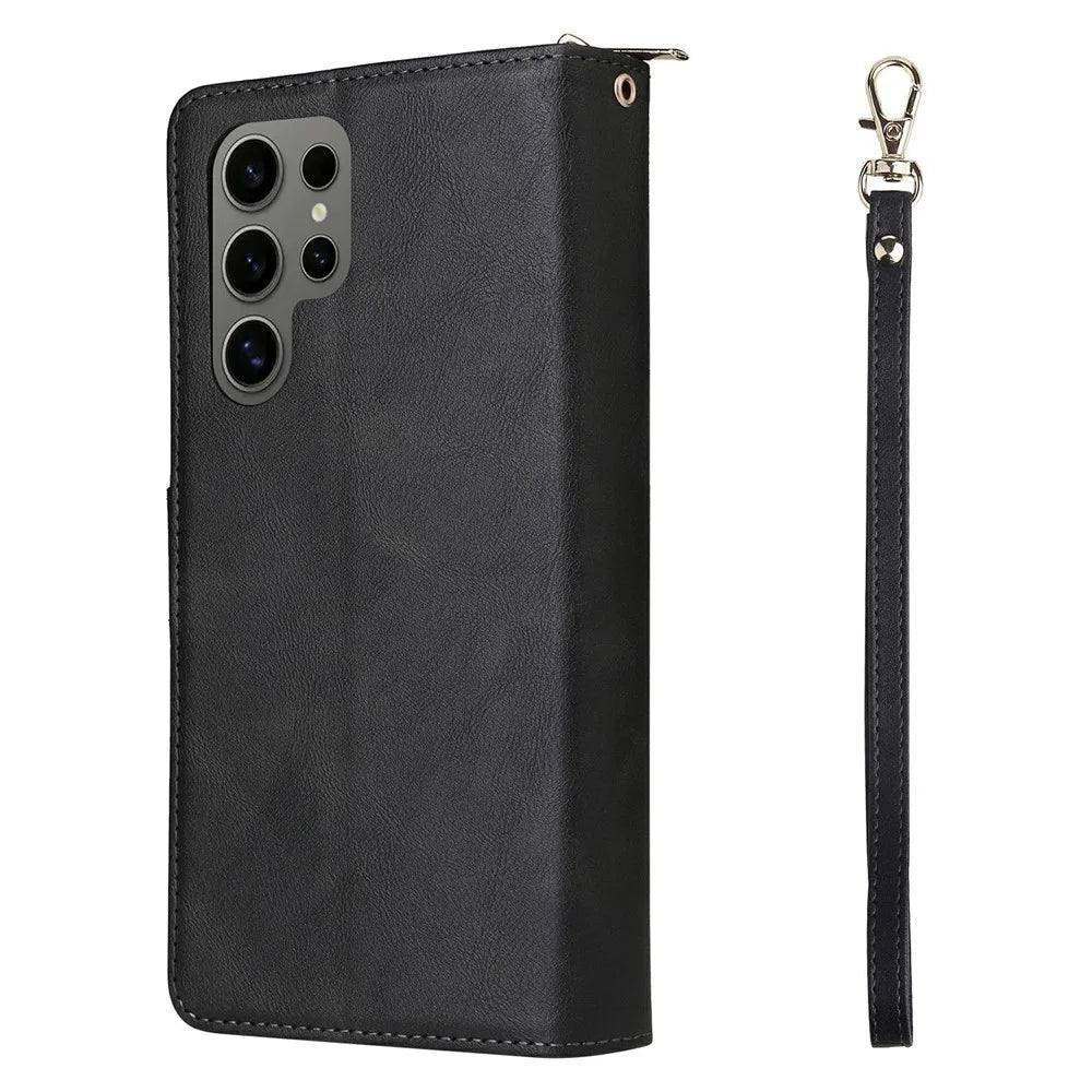 For Samsung Galaxy S25 Ultra Case Zipper Pocket PU Leather Phone Cover with Hand Strap - Black - 7