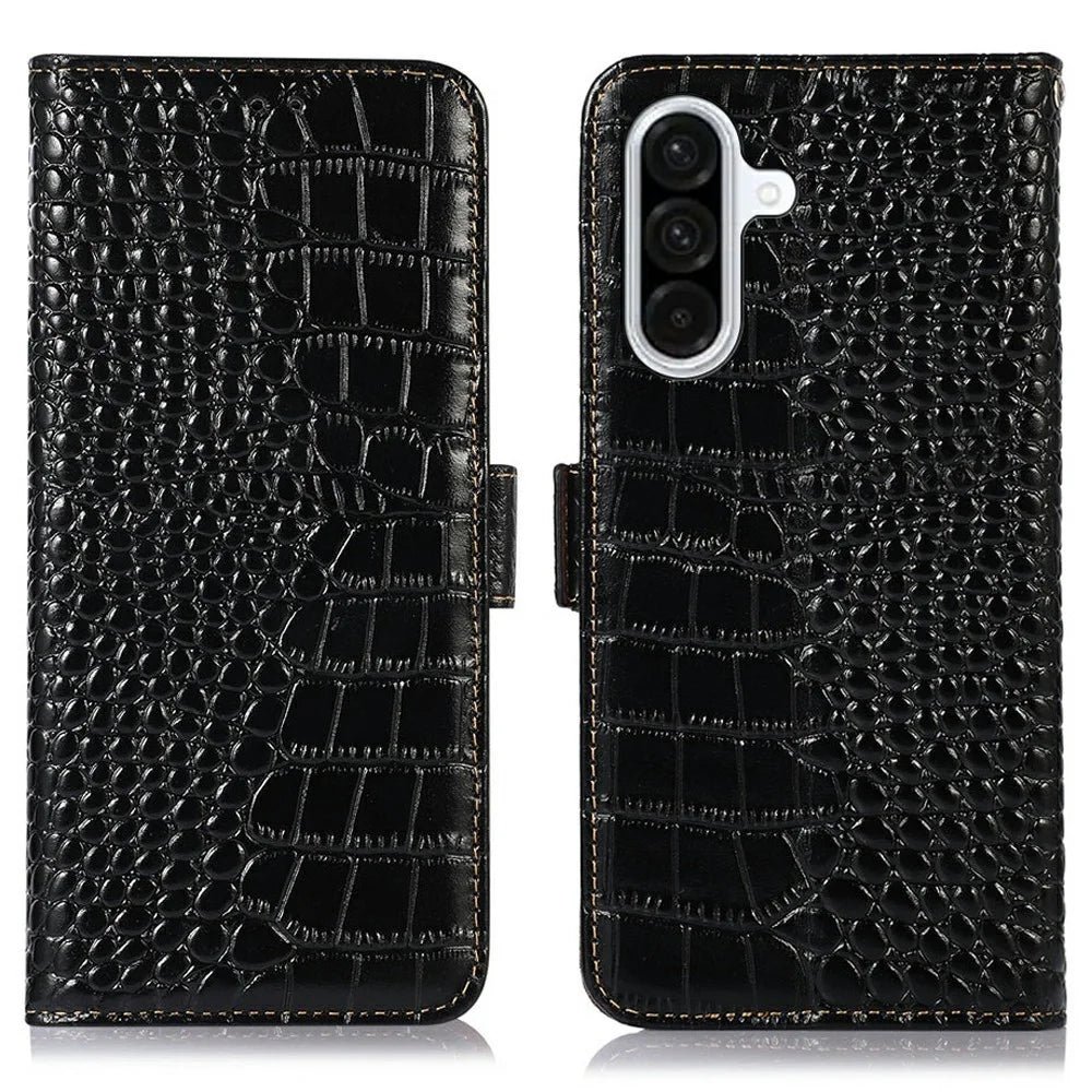 For Samsung Galaxy A36 5G Case Crocodile Texture Genuine Cow Leather Phone Wallet Cover - Black - 1