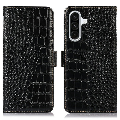 For Samsung Galaxy A36 5G Case Crocodile Texture Genuine Cow Leather Phone Wallet Cover - Black - 1