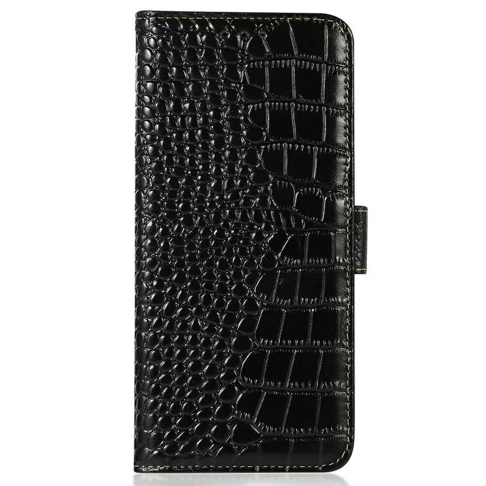 For Samsung Galaxy A36 5G Case Crocodile Texture Genuine Cow Leather Phone Wallet Cover - Black - 7