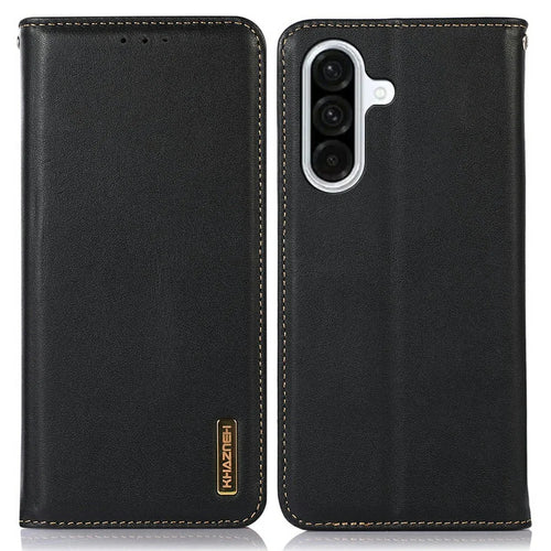 KHAZNEH For Samsung Galaxy A36 5G Case Genuine Cow Leather Wallet Phone Cover Nappa Texture - Black - 1