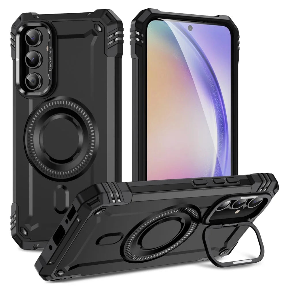 For Samsung Galaxy A54 5G Magnetic Case Metal Lens Frame Kickstand PC+TPU Mobile Cover - Black - 1