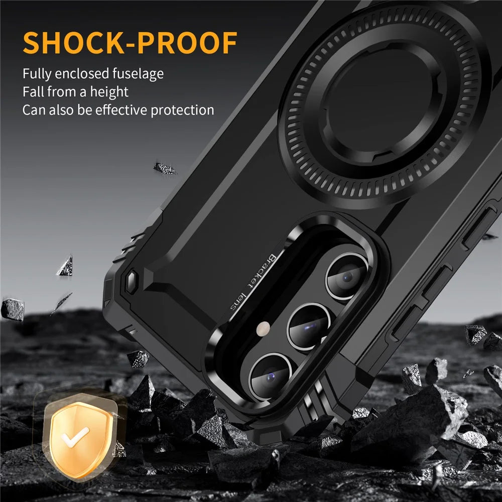 For Samsung Galaxy A54 5G Magnetic Case Metal Lens Frame Kickstand PC+TPU Mobile Cover - Black - 6