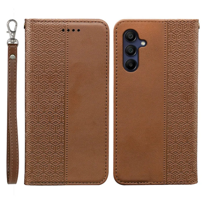 For Samsung Galaxy A26 5G Wallet Phone Case Checkered Pattern Imprint Leather Flip Cover with Wrist Strap - Brown - 1