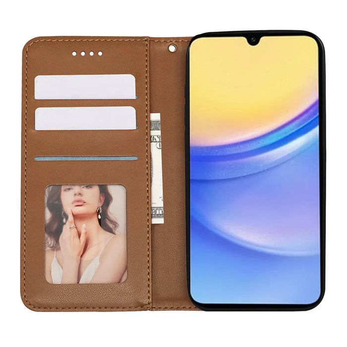 For Samsung Galaxy A26 5G Wallet Phone Case Checkered Pattern Imprint Leather Flip Cover with Wrist Strap - Brown - 2