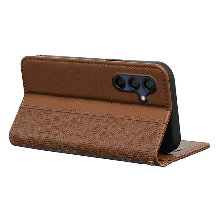 For Samsung Galaxy A26 5G Wallet Phone Case Checkered Pattern Imprint Leather Flip Cover with Wrist Strap - Brown - 4