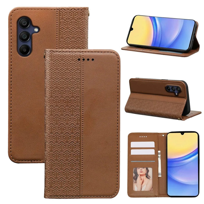 For Samsung Galaxy A26 5G Wallet Phone Case Checkered Pattern Imprint Leather Flip Cover with Wrist Strap - Brown - 5