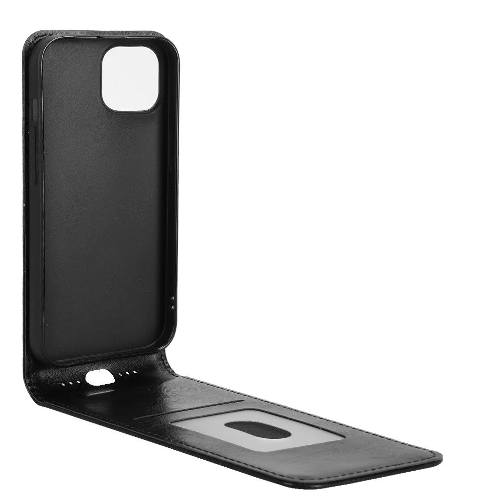 For iPhone 15 Plus Case with Card Slot Magnetic Vertical Flip Leather Phone Cover - Black - 2