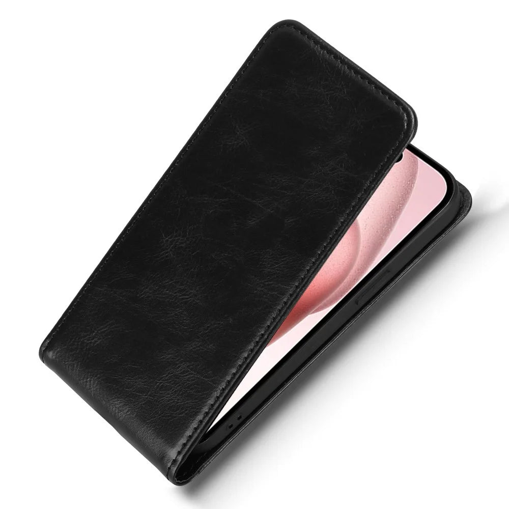 For iPhone 15 Plus Case with Card Slot Magnetic Vertical Flip Leather Phone Cover - Black - 3