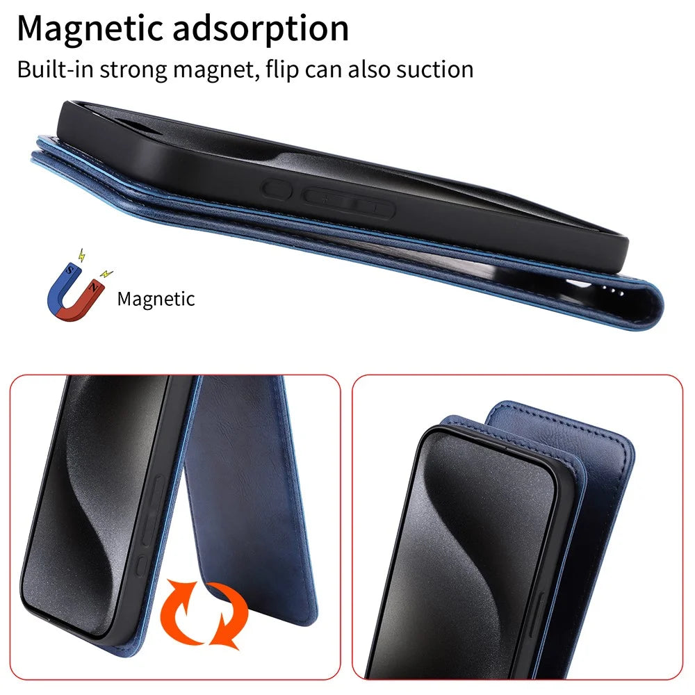 For iPhone 15 Plus Case with Card Slot Magnetic Vertical Flip Leather Phone Cover - Black - 4