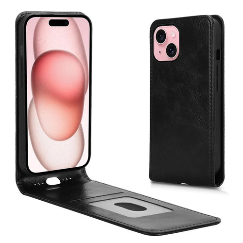 For iPhone 15 Case with Card Slot Magnetic Vertical Flip Leather Phone Cover - Black - 1