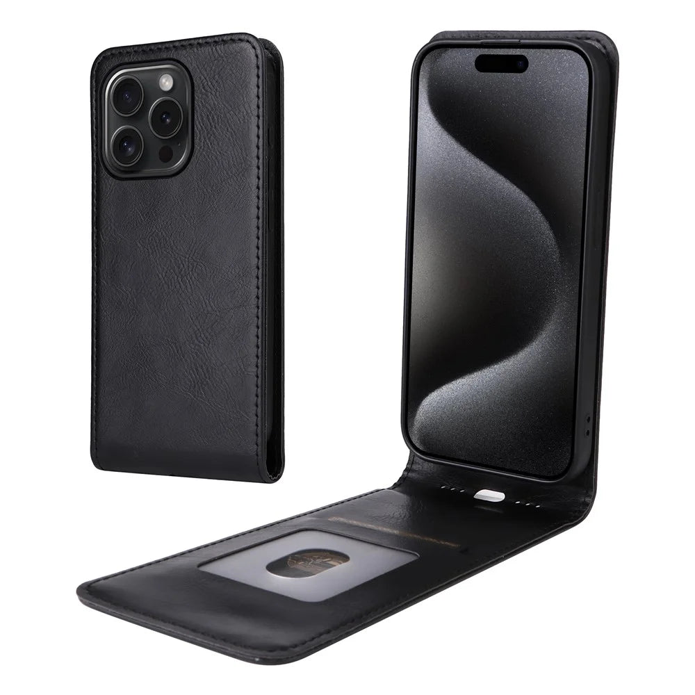 For iPhone 15 Pro Case with Card Slot Magnetic Vertical Flip Leather Phone Cover - Black - 1