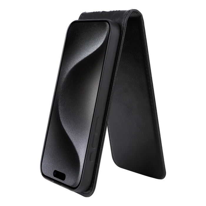 For iPhone 15 Pro Case with Card Slot Magnetic Vertical Flip Leather Phone Cover - Black - 3