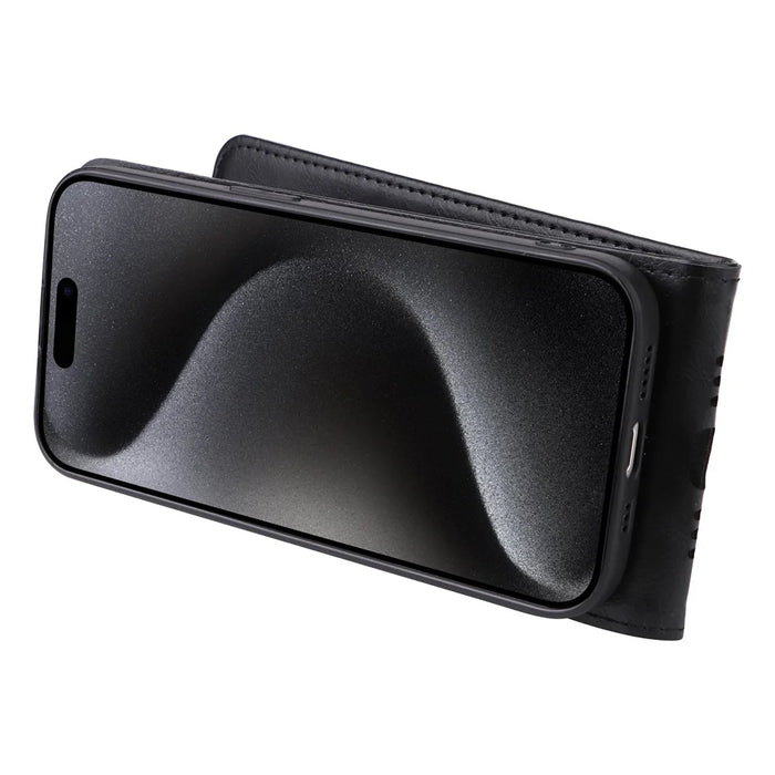 For iPhone 15 Pro Case with Card Slot Magnetic Vertical Flip Leather Phone Cover - Black - 4