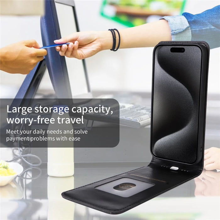 For iPhone 15 Pro Case with Card Slot Magnetic Vertical Flip Leather Phone Cover - Black - 6