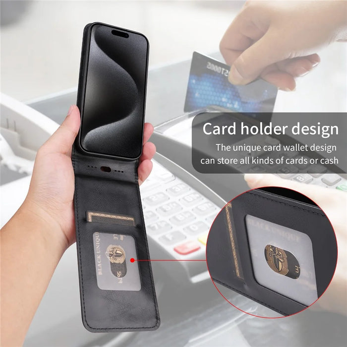 For iPhone 15 Pro Case with Card Slot Magnetic Vertical Flip Leather Phone Cover - Black - 7