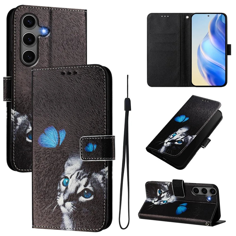 For Samsung Galaxy S24+ / Galaxy S25+ Case Pattern Printing Wallet Phone Cover with Strap - Butterfly Kitten - 1