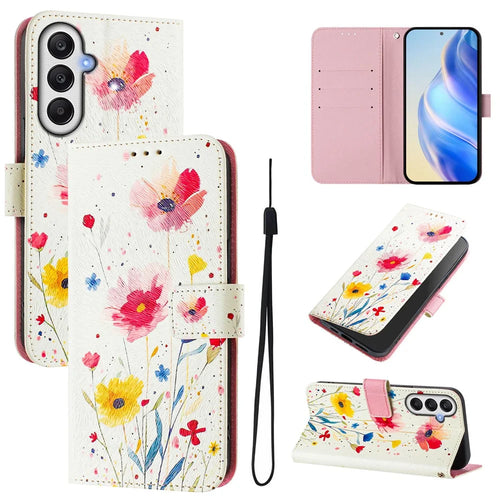For Samsung Galaxy A35 5G Case Pattern Printing Wallet Phone Cover with Strap - Flower - 1