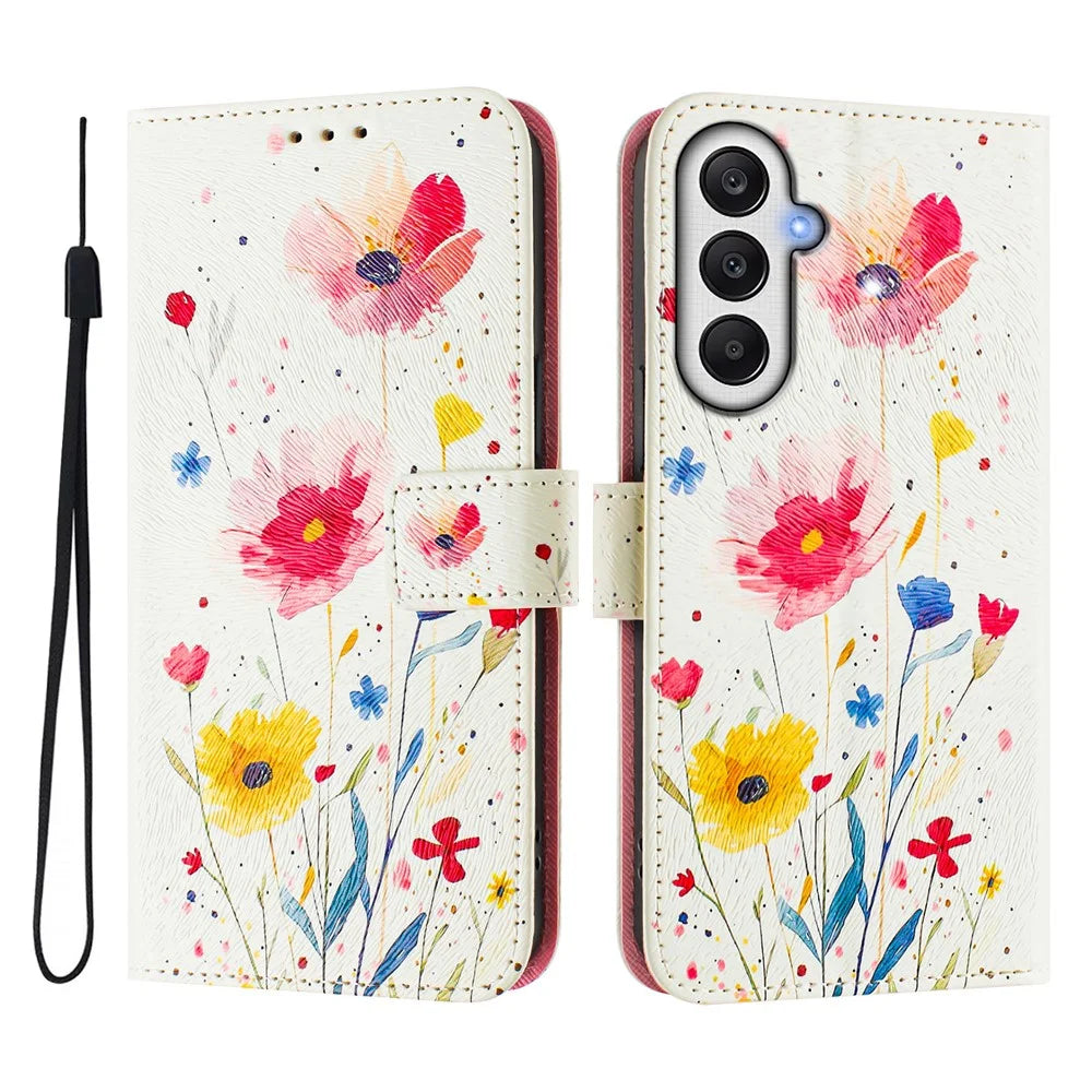 For Samsung Galaxy A35 5G Case Pattern Printing Wallet Phone Cover with Strap - Flower - 2