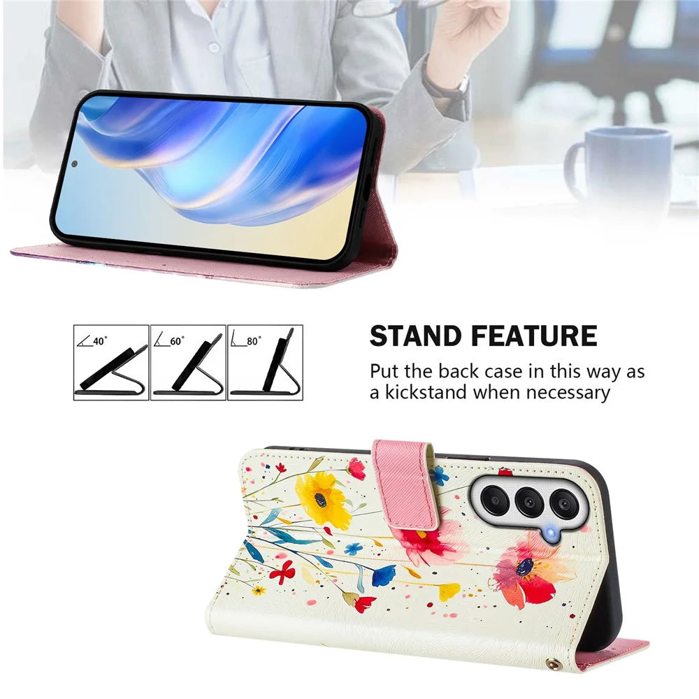 For Samsung Galaxy A35 5G Case Pattern Printing Wallet Phone Cover with Strap - Flower - 3