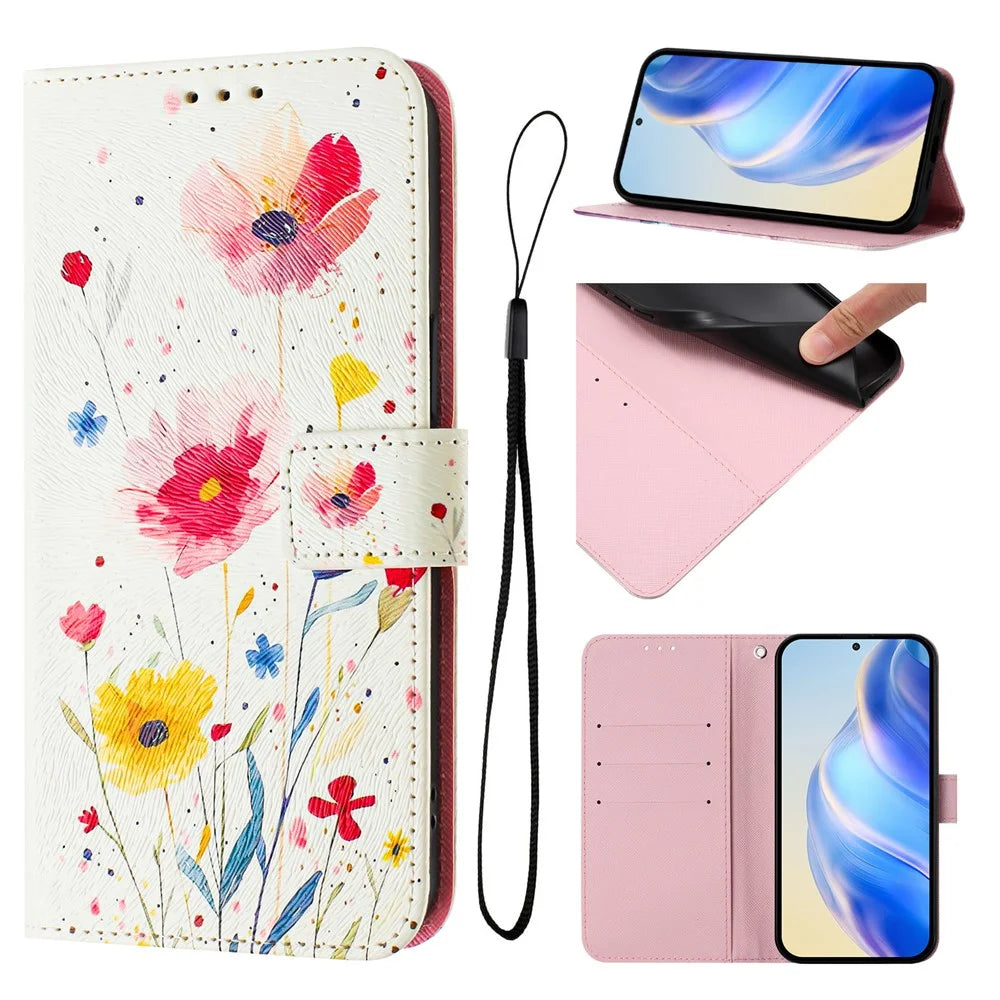 For Samsung Galaxy A35 5G Case Pattern Printing Wallet Phone Cover with Strap - Flower - 4