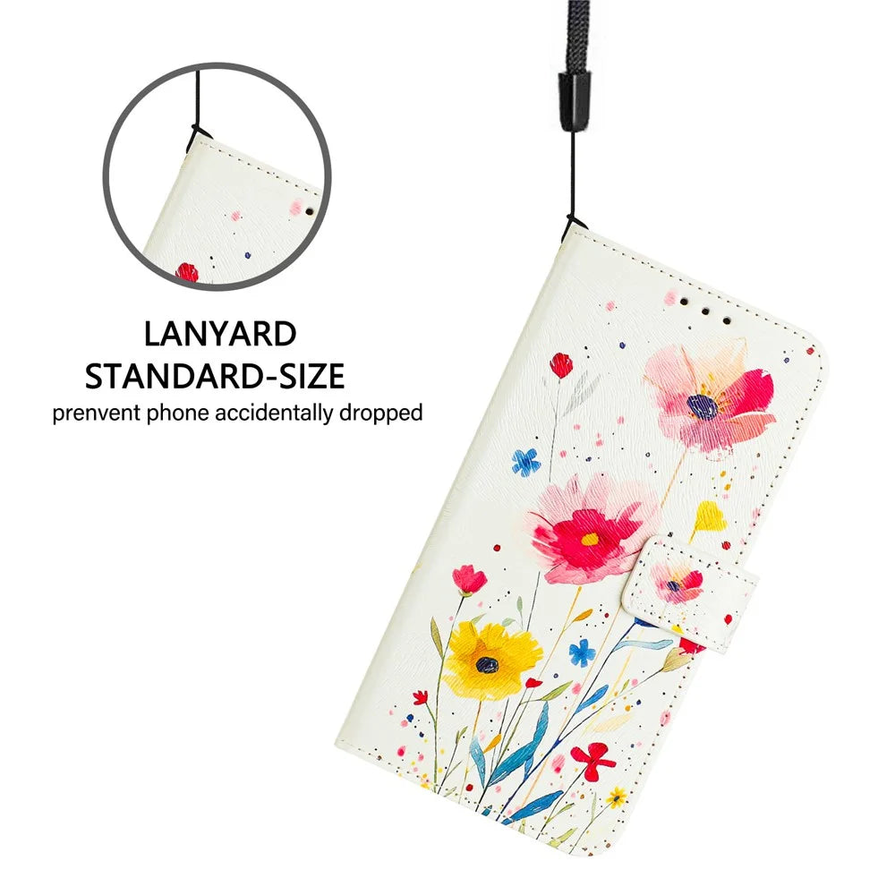 For Samsung Galaxy A35 5G Case Pattern Printing Wallet Phone Cover with Strap - Flower - 6