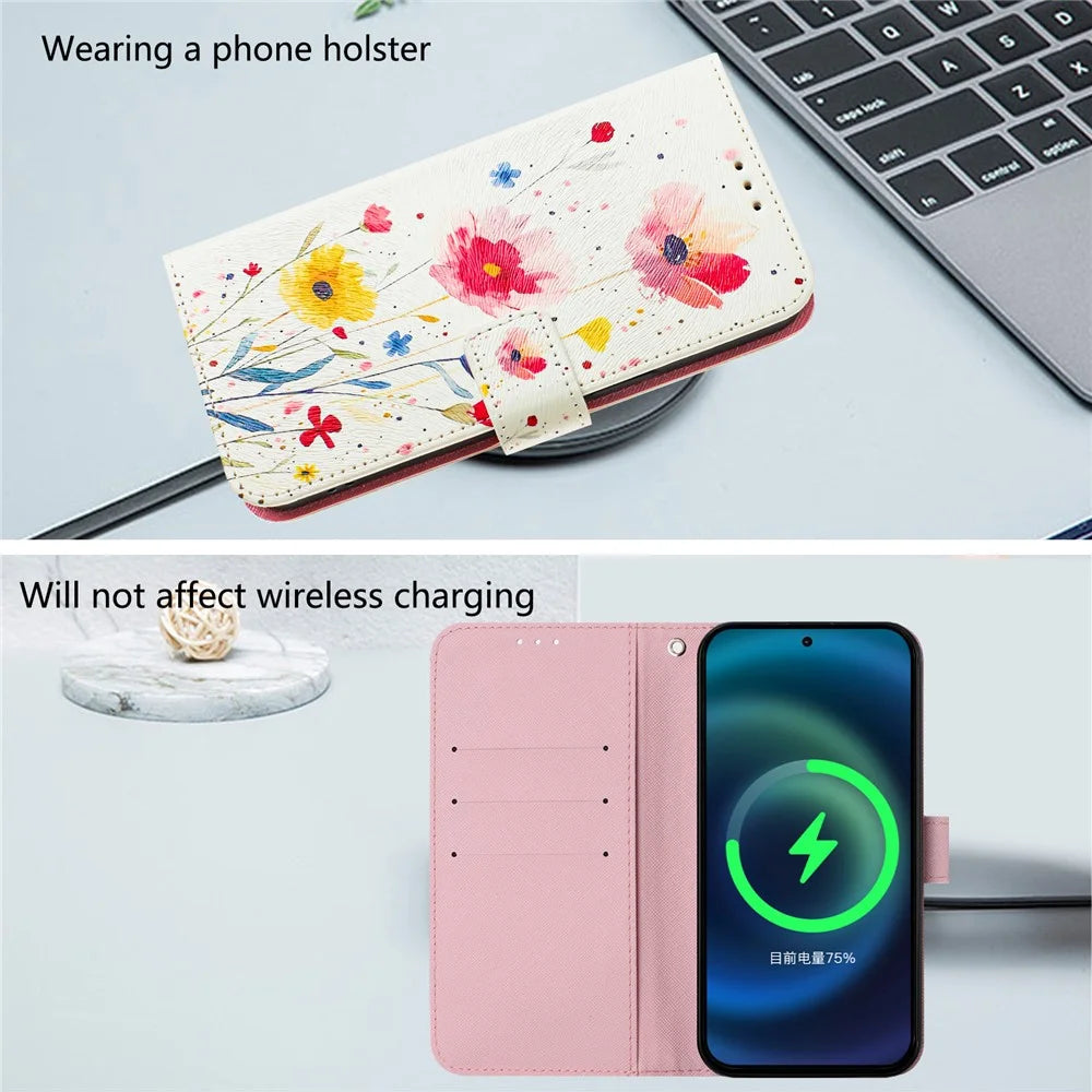 For Samsung Galaxy A35 5G Case Pattern Printing Wallet Phone Cover with Strap - Flower - 7