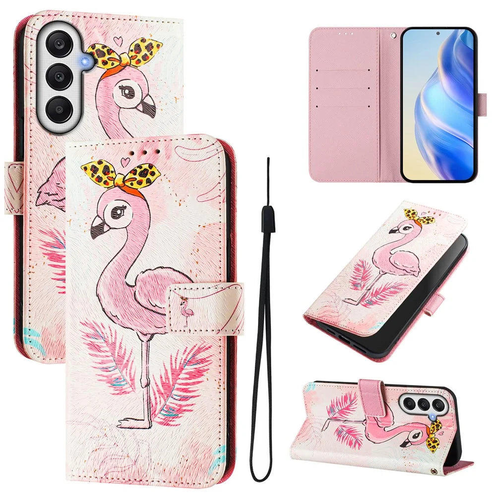 For Samsung Galaxy A14 4G / Galaxy A14 5G Case Pattern Printing Wallet Phone Cover with Strap - Flamingo - 1