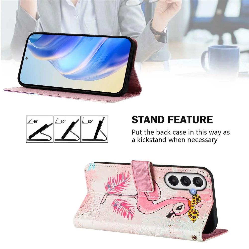 For Samsung Galaxy A14 4G / Galaxy A14 5G Case Pattern Printing Wallet Phone Cover with Strap - Flamingo - 2